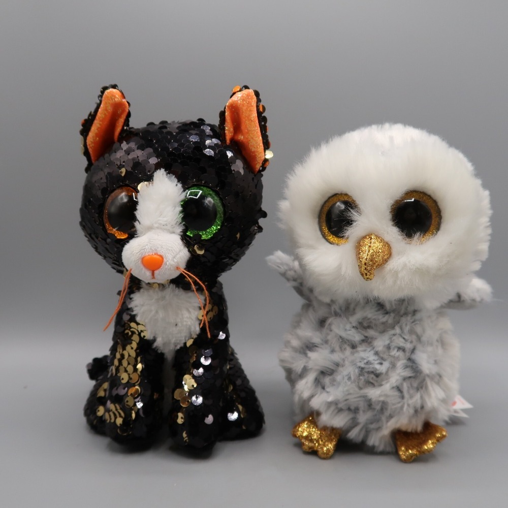 Ty Flippables JINX Sequin Halloween Cat & Gray Owlโ Owlette 6" Glitter Eyes Lot
